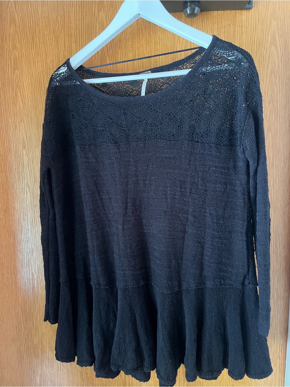 Free People Black Lace Long Sleeve Peasant Top Babydoll Sheer